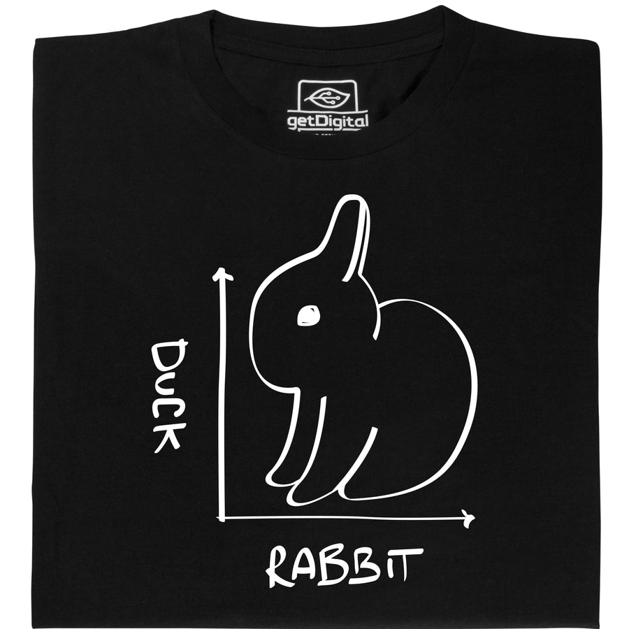 Das Hase-Ente-Kippbild als weiße Strichzeichnung auf einem schwarzen Shirt, dazu die Achsen Duck und Rabbit